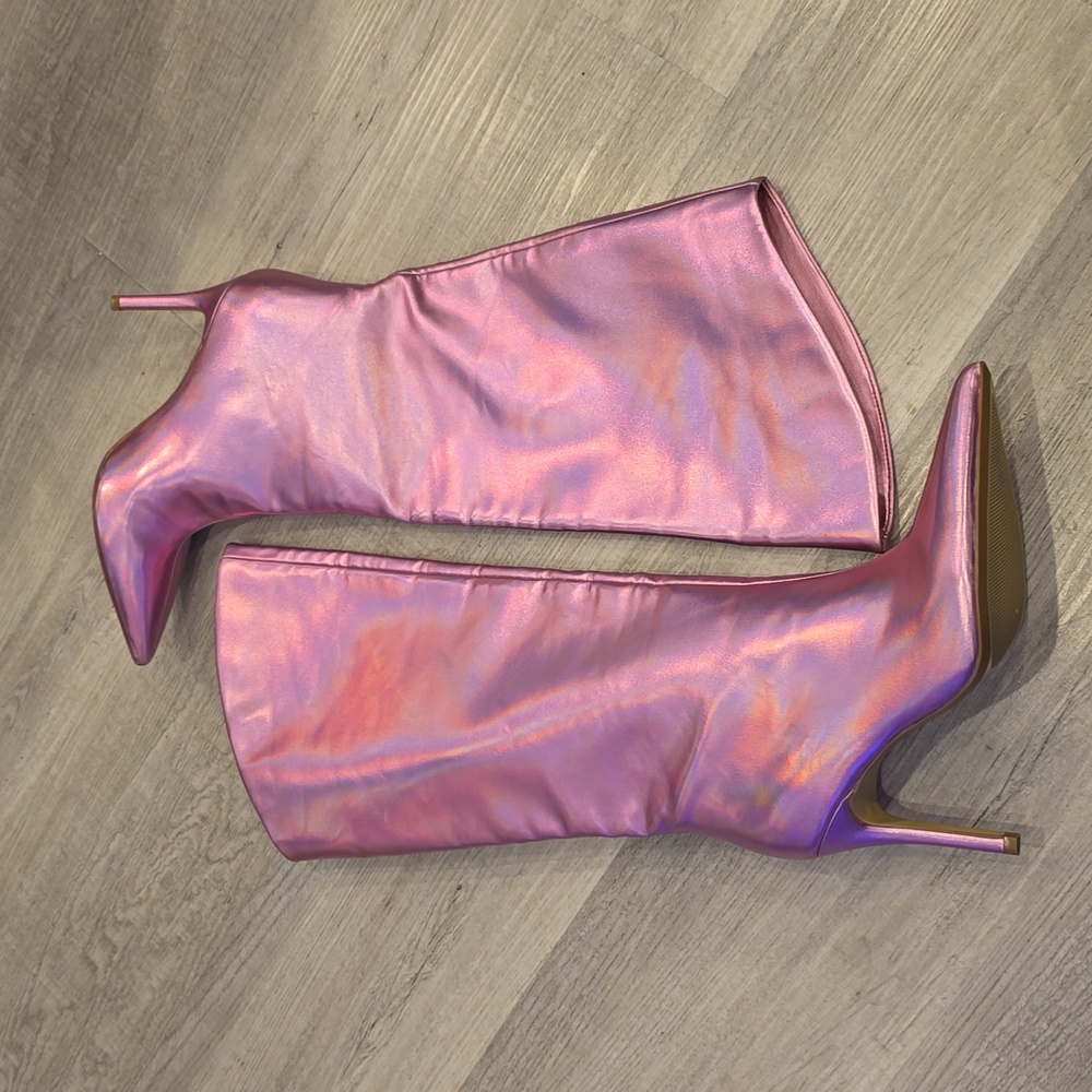 Sarina Steve Madden pink pearl iridescent knee high heel boots New Womens 8 1/2 - Picture 3 of 6